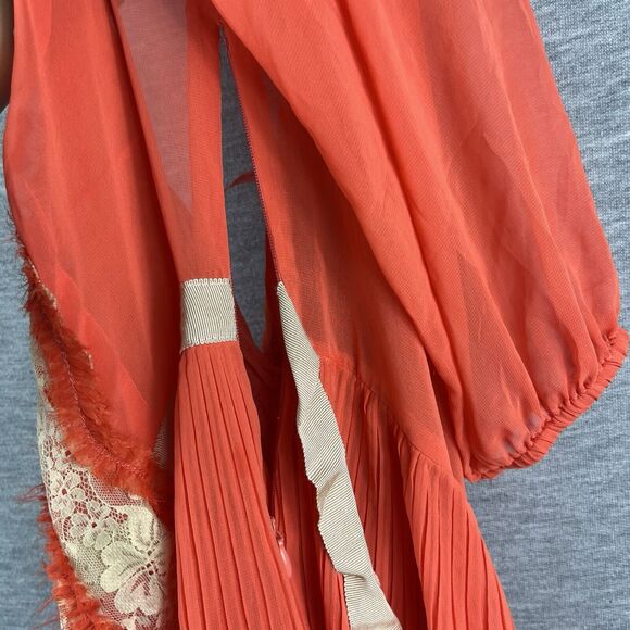 Free People Womens Dress Orange Chiffon 2 With Slip Sheer Boho 60s Lace Pleated - Picture 4 of 11